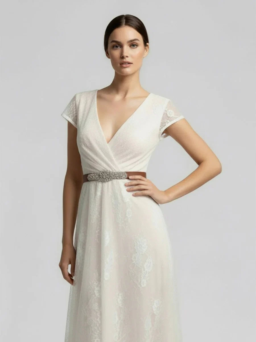 Short Sleeve V neck Pleated Long Lace Wedding Dress