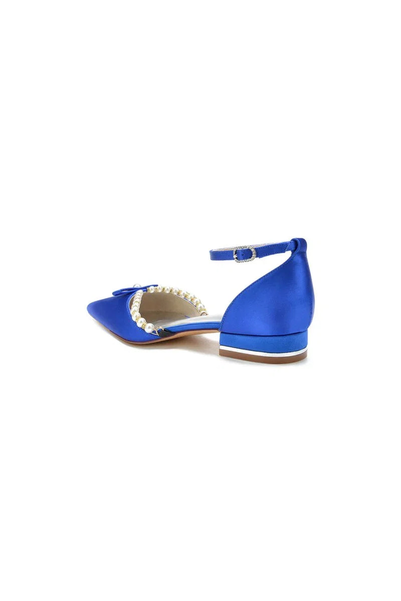 Pearl Bow Buckle Strap Pointed Toe Flats