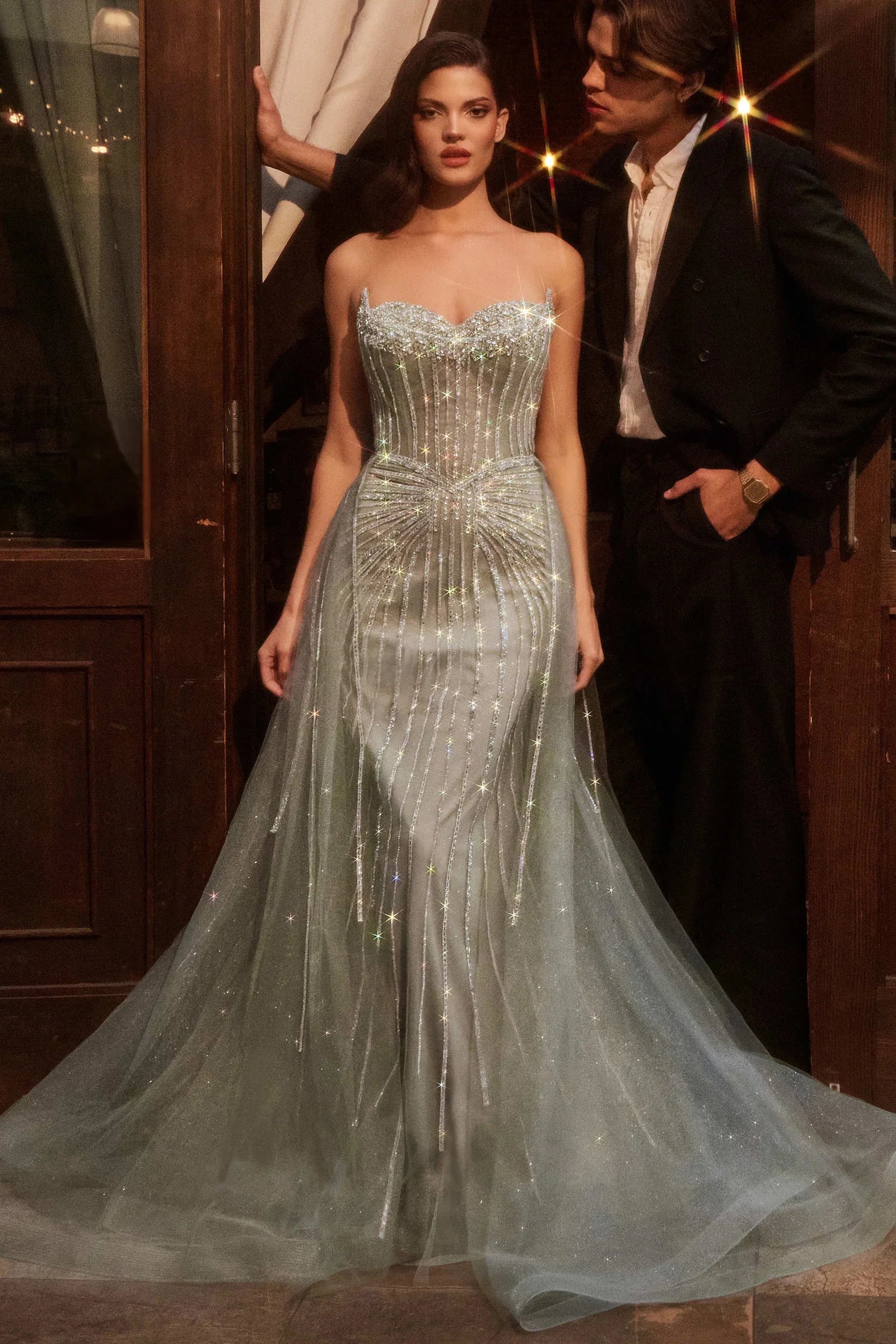 CADENCE GOWN STRAPLESS CRYSTAL EMBELLISHED GOWN WITH OVERSKIRT