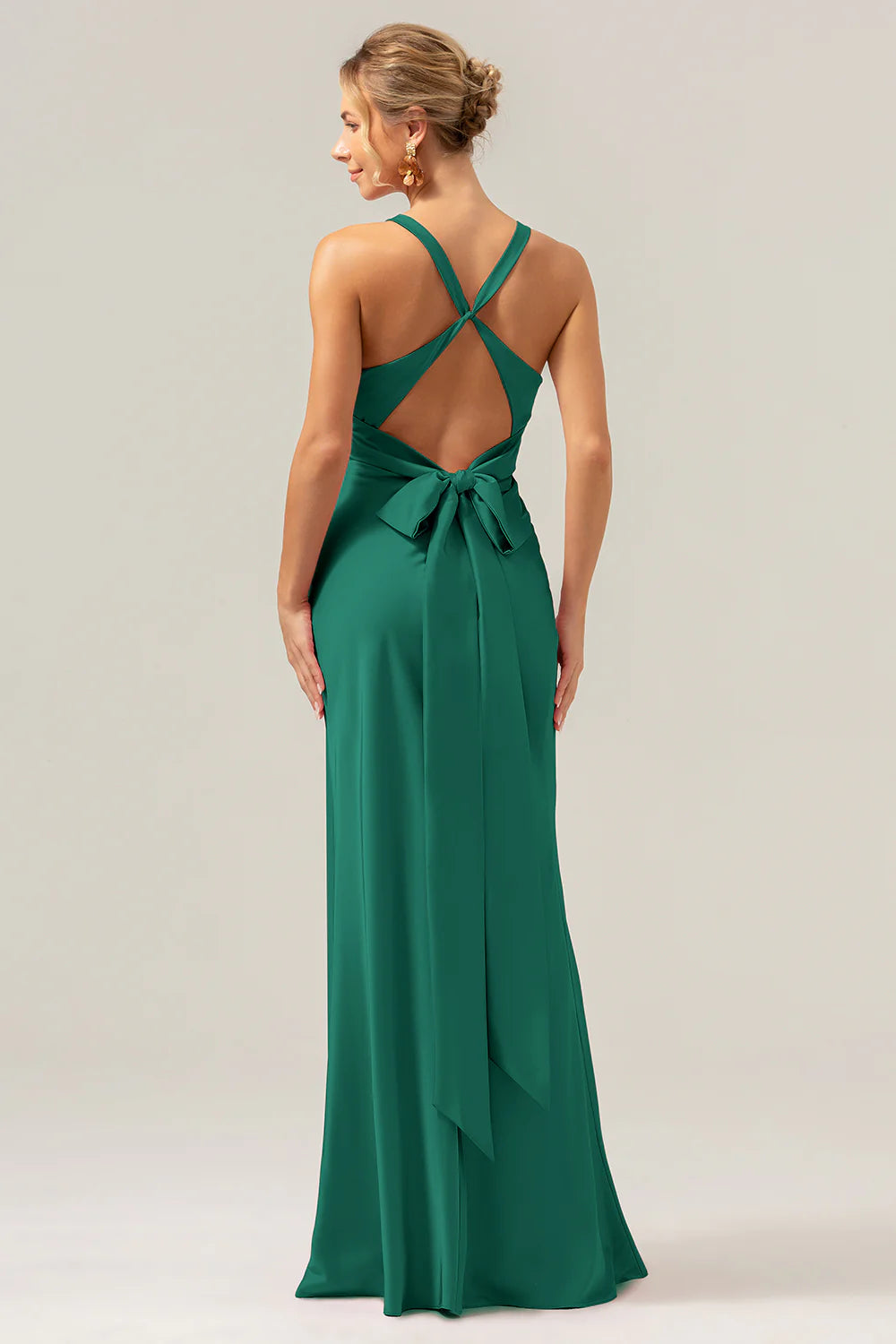 Pink Mermaid Deep V Neck Ruched Long Bridesmaid Dress with Lace Up Back