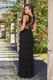 Saylor Pleated Satin Ruffle Maxi Dress Black