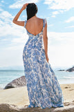 A Line Square Neck White Blue Flower Long Bridesmaid Dress with Slit