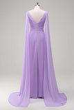 Elegant Lilac A Line V Neck Chiffon Long Bridesmaid Dress with Flowing Cape Sleeves