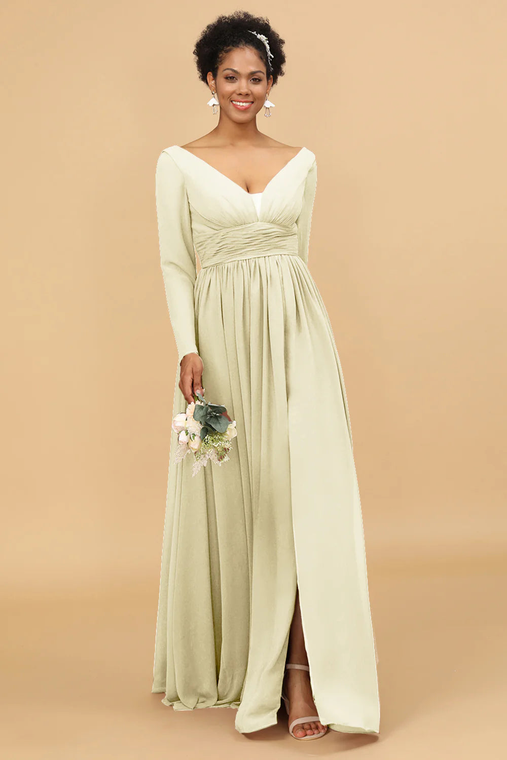 A Line V Neck Long Sleeves Chiffon Bridesmaid Dress with Slit
