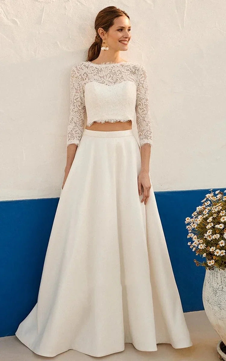 Modern Two Piece Floor length 3 4 Length Sleeve Lace Jewel Wedding Dress with Ruching