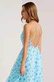Blue Floral A Line Spaghetti Straps Long Wedding Guest Dress