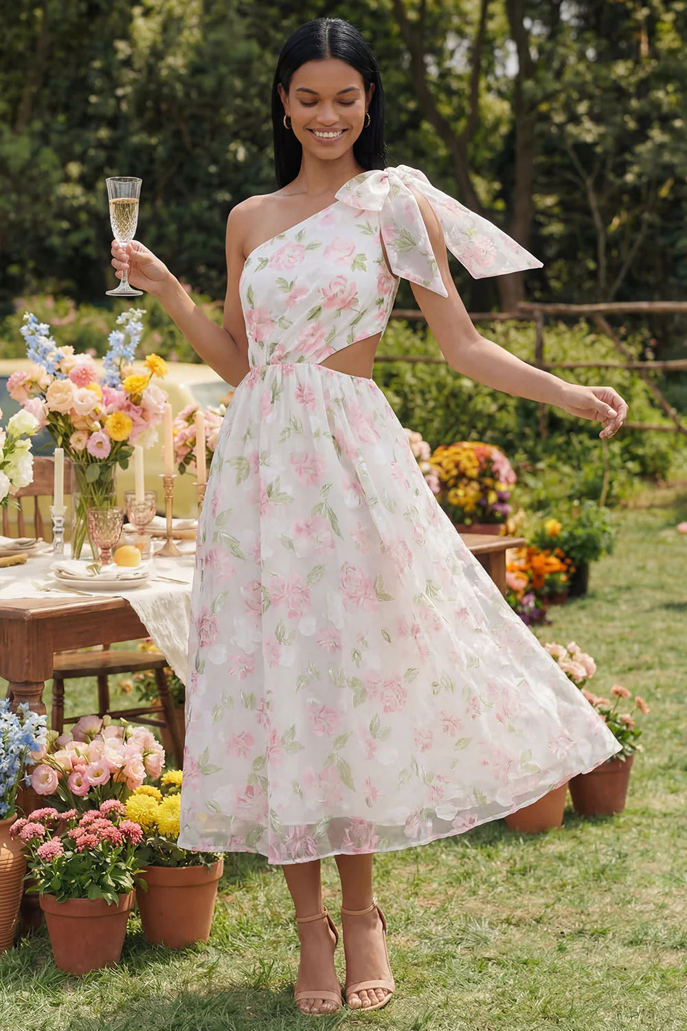 One Shoulder Bowed Cut Out Floral Pink Wedding Guest Dress
