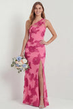 Hot Pink One Shoulder Embroidered Mermaid Long Bridesmaid Dress with Slit