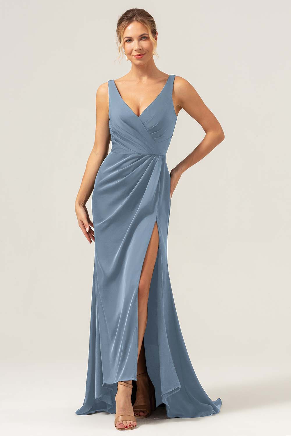 Burgundy Mermaid V Neck Ruched High Low Long Satin Bridesmaid Dress with Slit