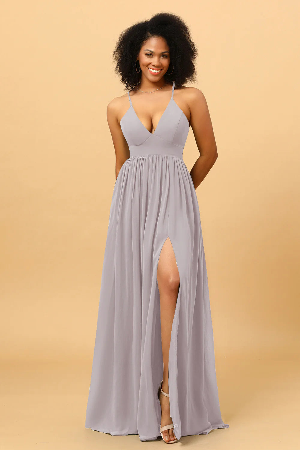 A Line V Neck Spaghetti Straps Chiffon Bridesmaid Dress with Slit