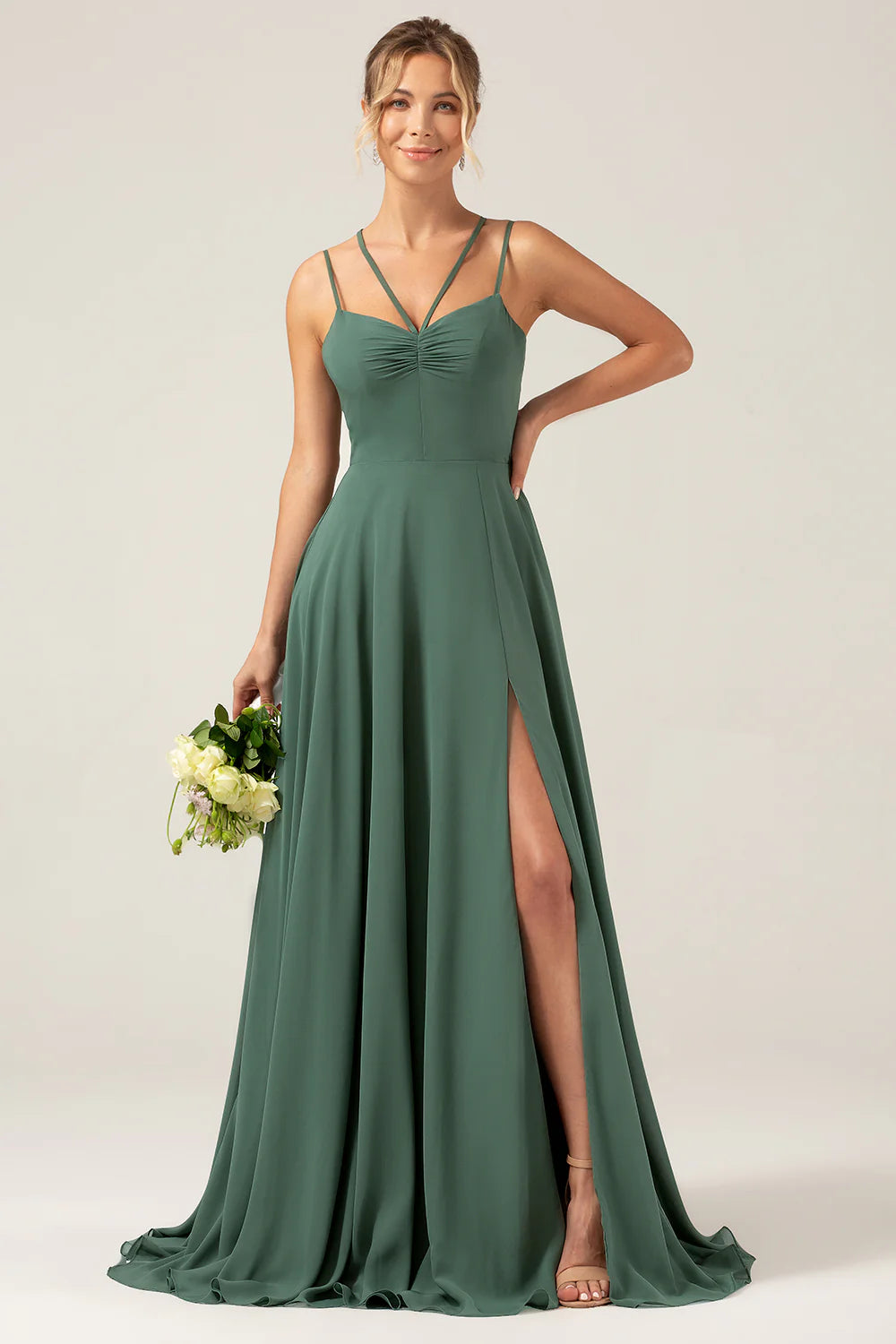 A Line Spaghetti Straps Pleated Chiffon Eucalyptus Bridesmaid Dress With Slit