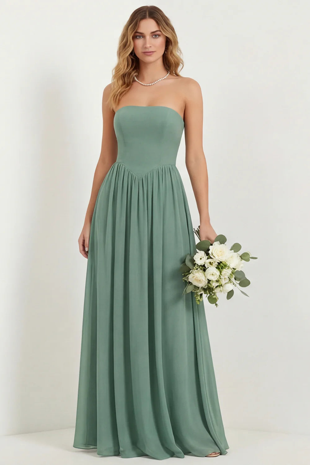 Strapless Eucalyptus Chiffon A Line Long Bridesmaid Dress with Pockets