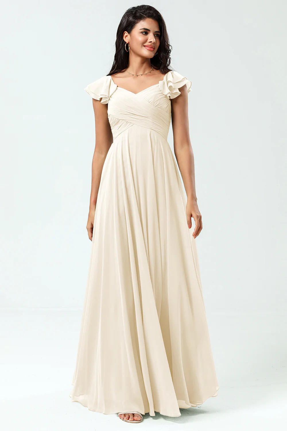 Lace Up Back Cross A Line Chiffon Bridesmaid Dress with Ruffles