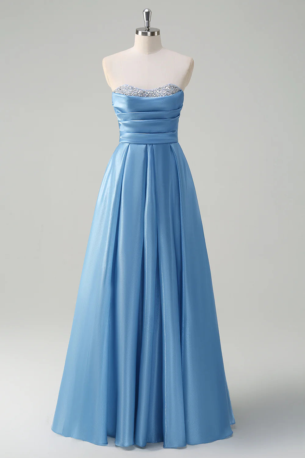Blue A Line Strapless Pleated Long Prom Dress With Beading