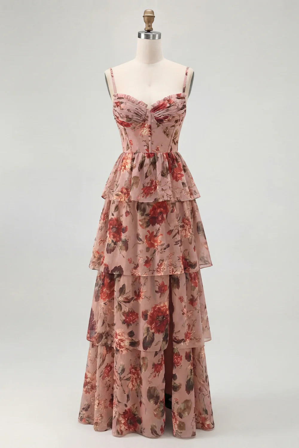 Dusty Sage A Line Corset Tiered Print Floral Long Bridesmaid Dress with Slit