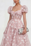 Floral Pink Puff Sleeve A Line Corset Wedding Guest Dress