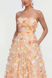 Champagne A Line Strapless Floral Wedding Guest Dress with Pockets