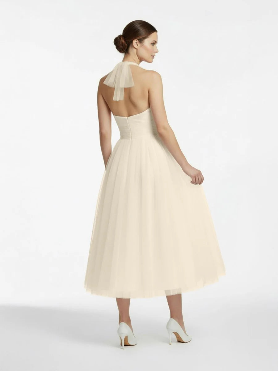 Halter A Line Tea Length Tulle Wedding Dress With Ruching