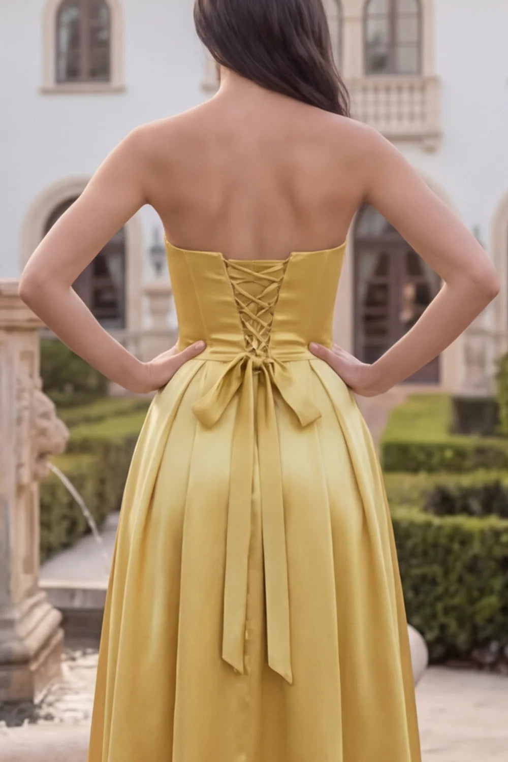 Golden Strapless A Line Corset Satin Midi Wedding Guest Dress