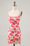 Red Flower Bodycon Ruched Printed Homecoming Dress