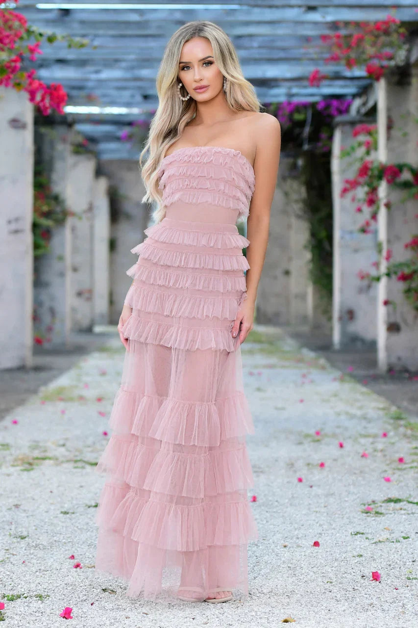 Georgia Maxi Dress Blush Ruffle Tulle Dress With Sheer Detail