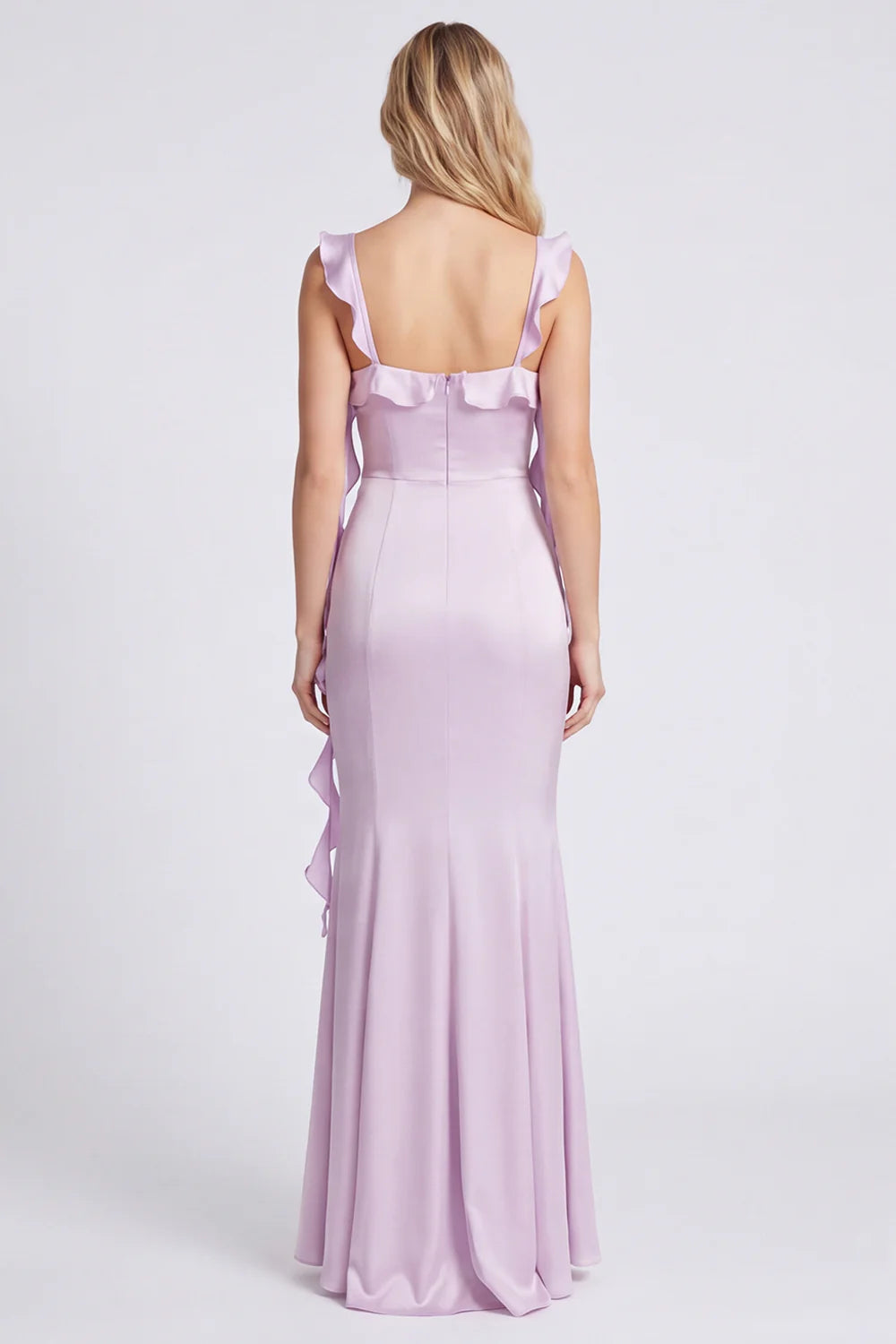 Lilac Mermaid Ruffle Square Neck Bridesmaid Dress with Slit