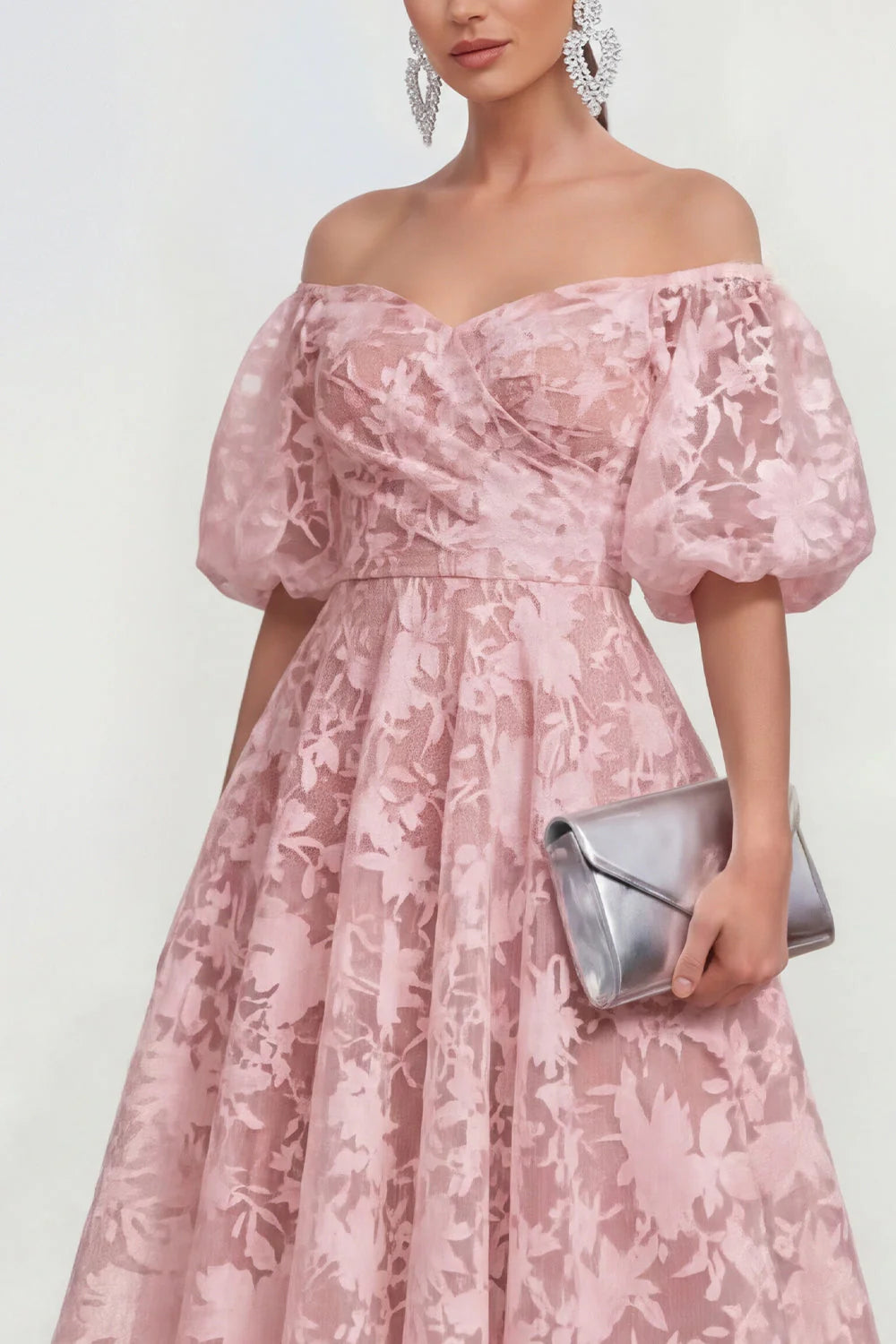 Floral Pink Off the Shoulder A Line Midi Wedding Guest Dress