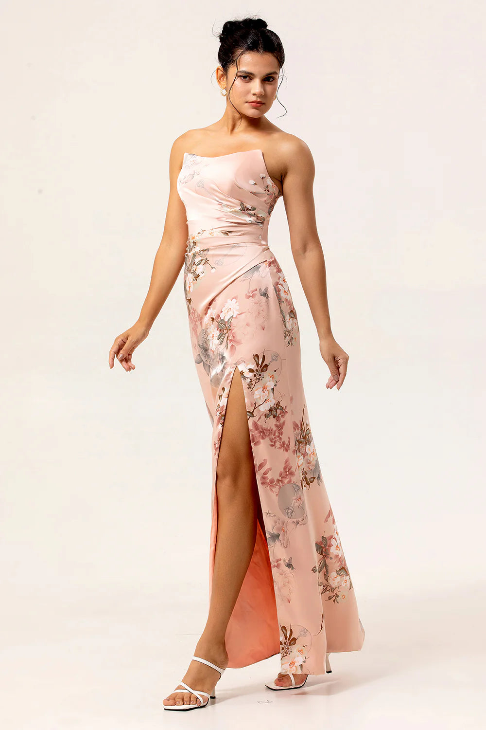 Blush Sheath Strapless Print Satin Long Floral Plus Size Bridesmaid Dress with Slit