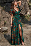 A Line V Neck Dark Green Burnout Velvet Floor Length Dress with Short Sleeves
