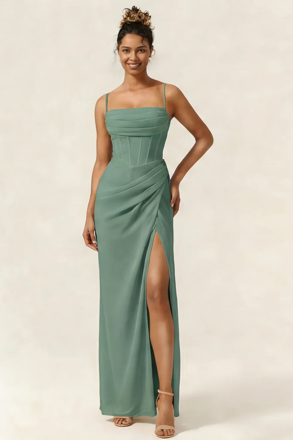 Green Flower Mermaid Corset Chiffon Long Bridesmaid Dress with Slit