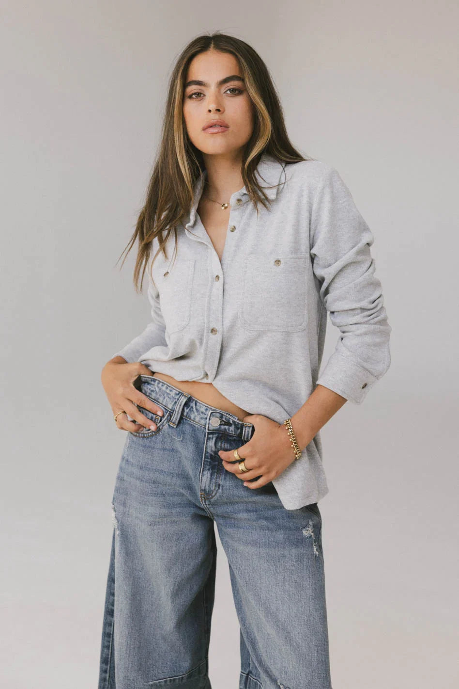 Mada Fleece Button Up in Grey FINAL SALE