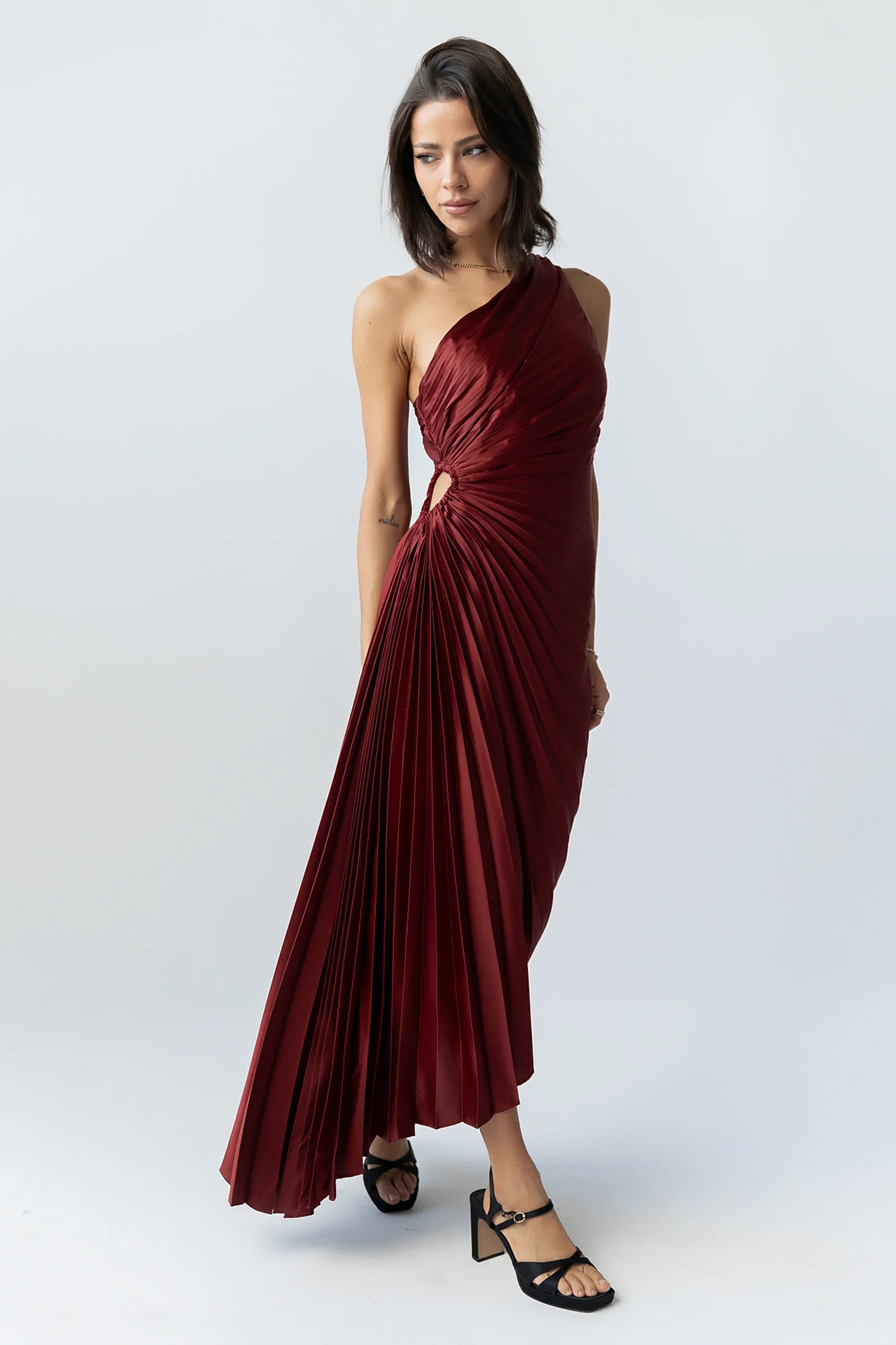 Asymmetrical Pleated Maxi Dress in Wine