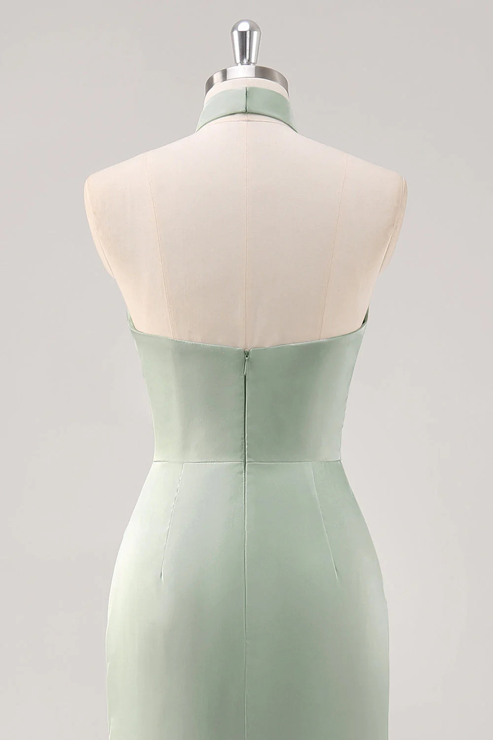 Sage Green Sheath Halter Ruched Satin Long Bridesmaid Dress with Slit