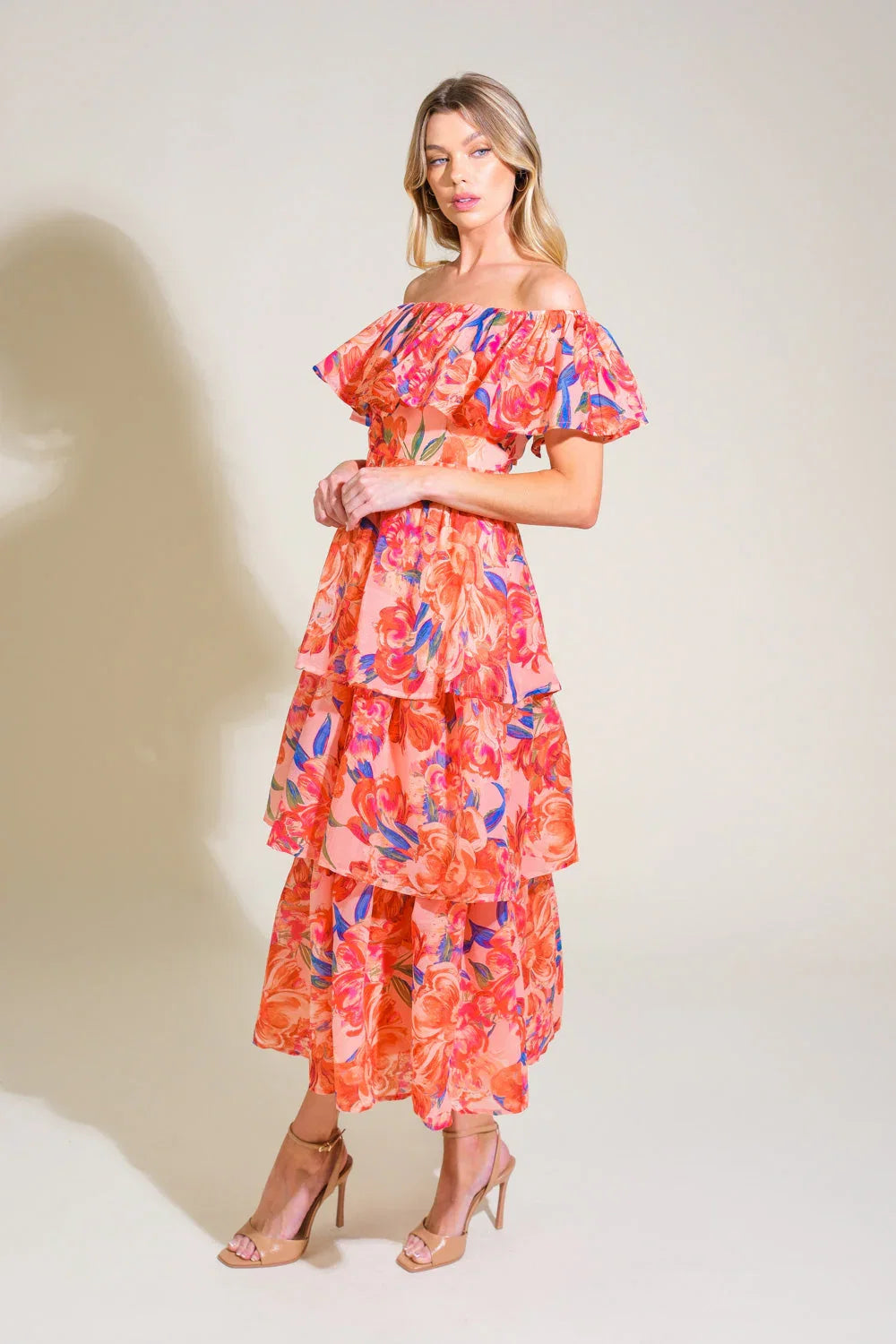 STROLL THE AVENUES MIDI DRESS PEACH