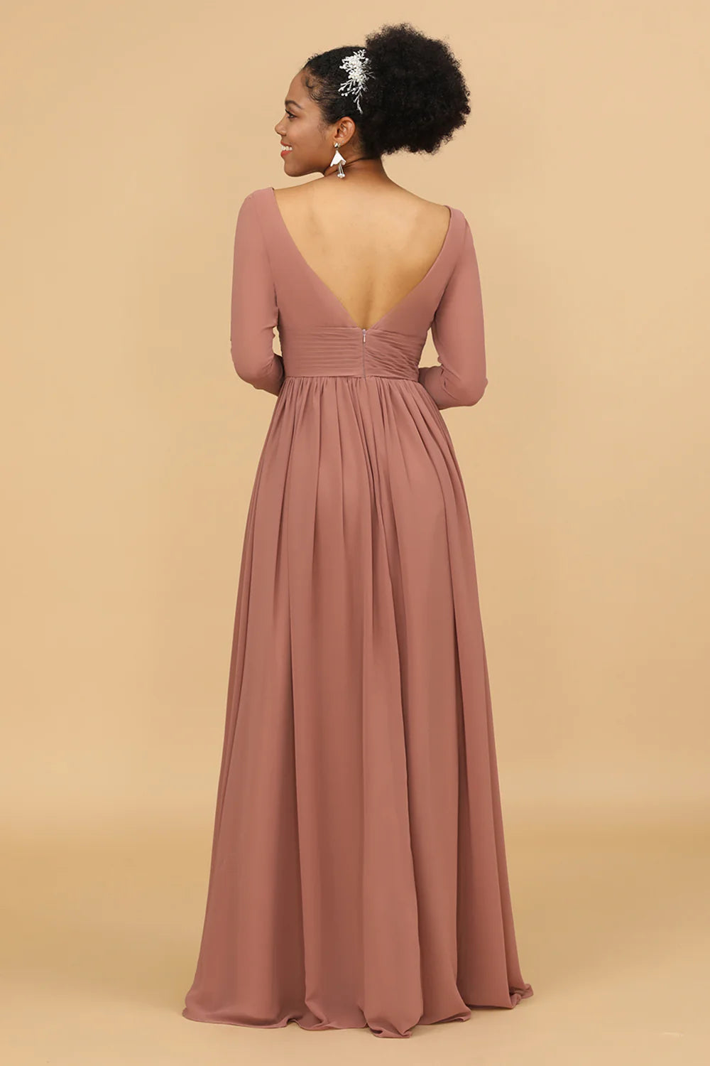 A Line V Neck Long Sleeves Chiffon Bridesmaid Dress with Slit