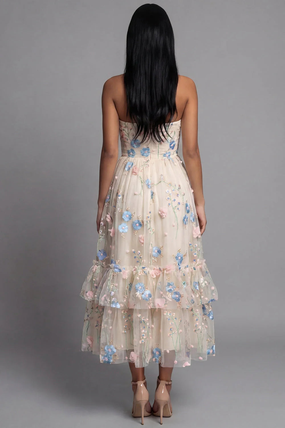Strapless A Line Floral Ruffled Champagne Wedding Guest Dress