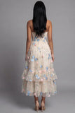 Strapless A Line Floral Ruffled Champagne Wedding Guest Dress