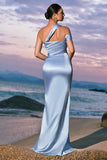 Sky Blue Mermaid Cold Shoulder Pleated Satin Maxi Dress with Slit