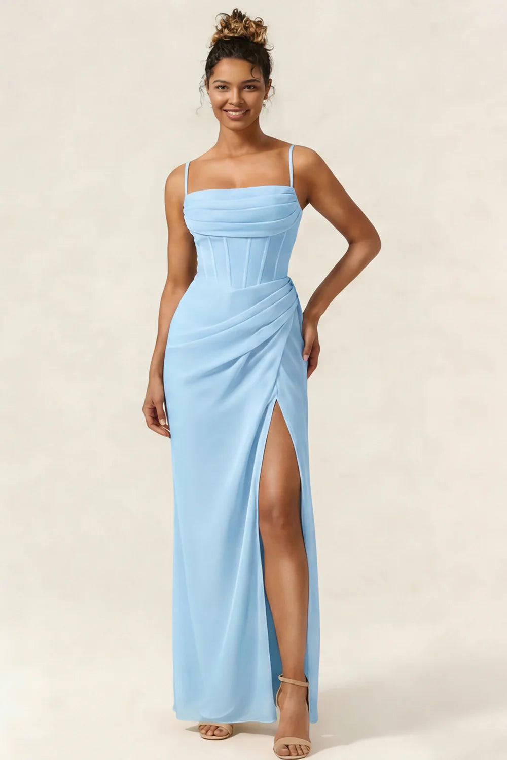 Green Flower Mermaid Corset Chiffon Long Bridesmaid Dress with Slit
