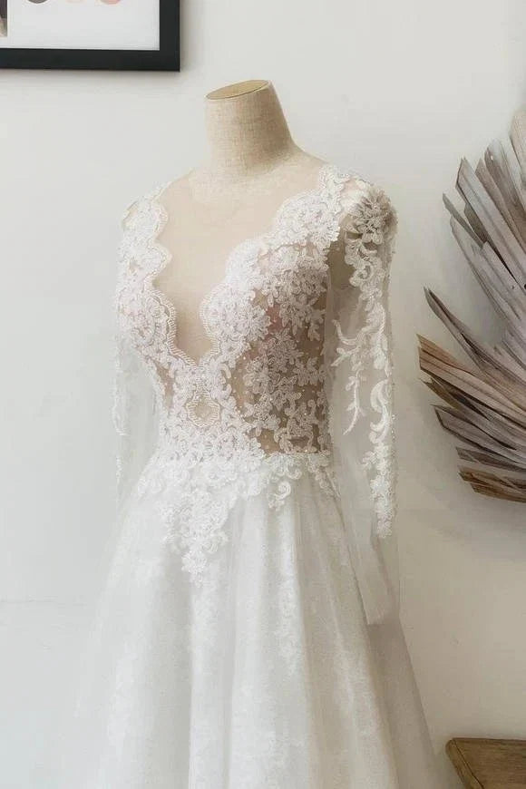 A Line Illusion Crew Neck White Lace Wedding Dress