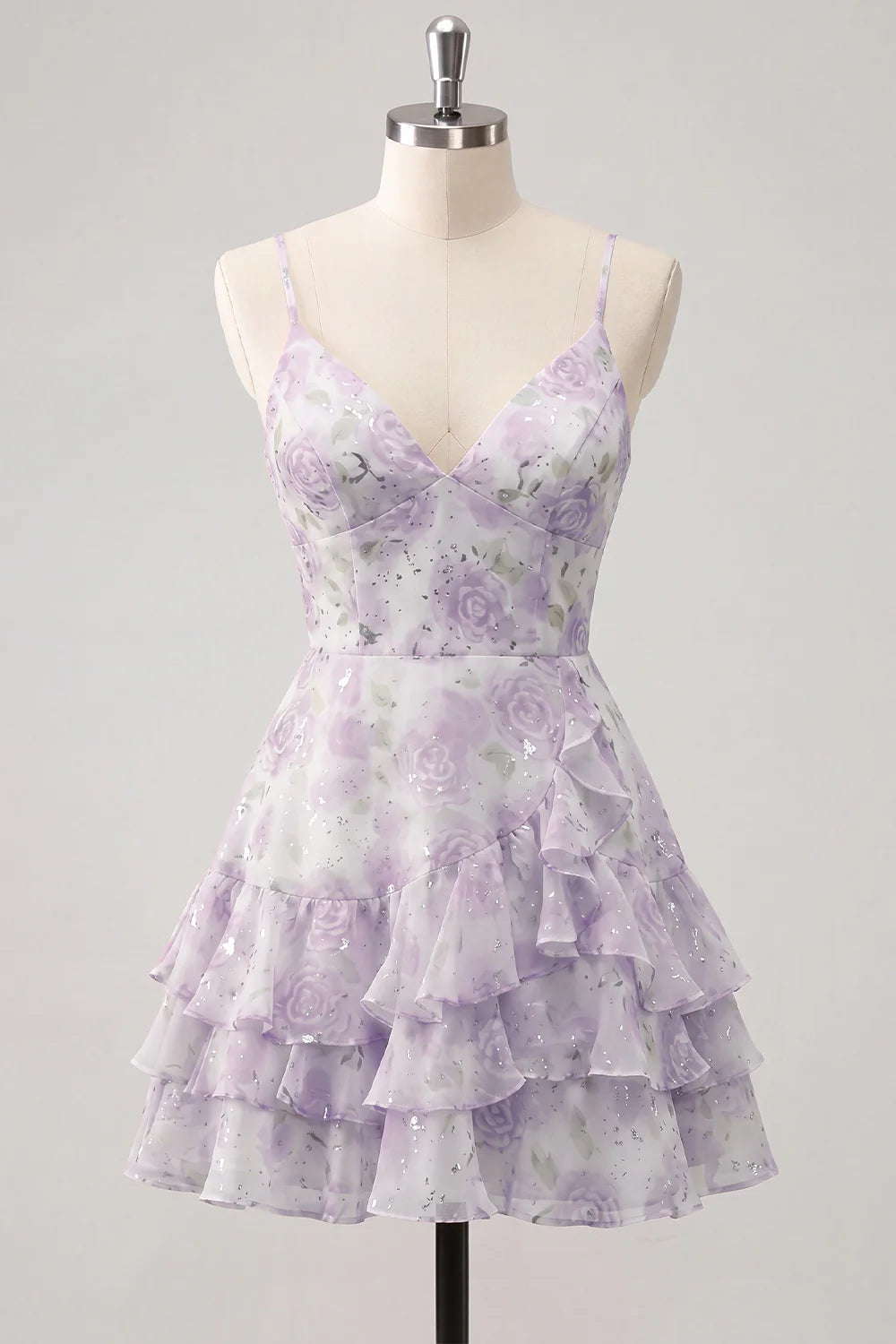 Floral Light Green Tiered Ruffle A Line Short Homecoming Dress