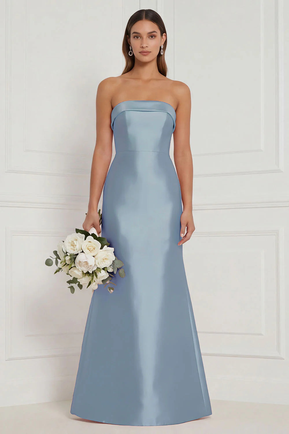 Strapless Mermaid Dusty Rose Satin Long Bridesmaid Dress