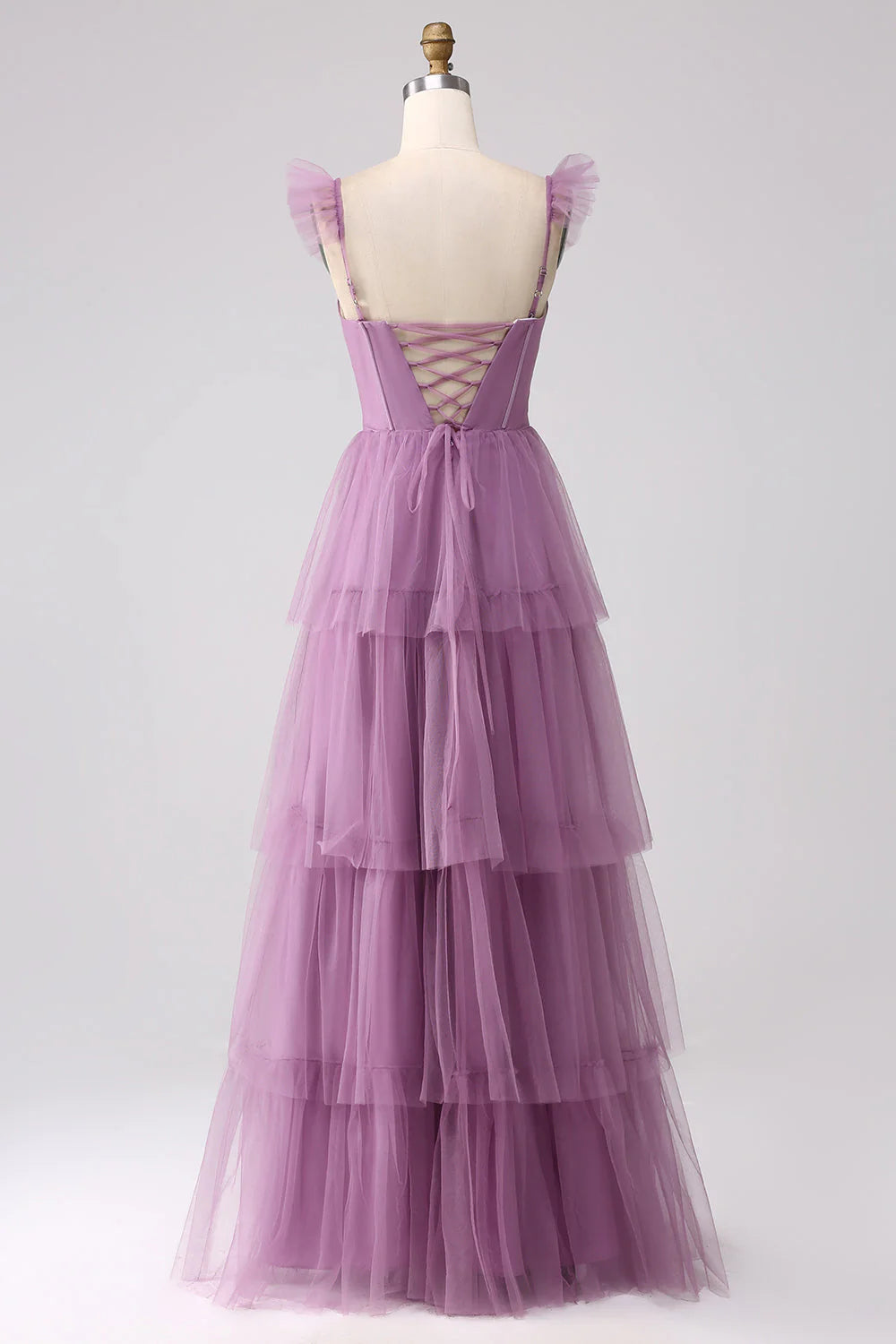 A Line Spaghetti Straps Tiered Floor Length Tulle Purple Bridesmaid Dress