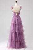 A Line Spaghetti Straps Tiered Floor Length Tulle Purple Bridesmaid Dress