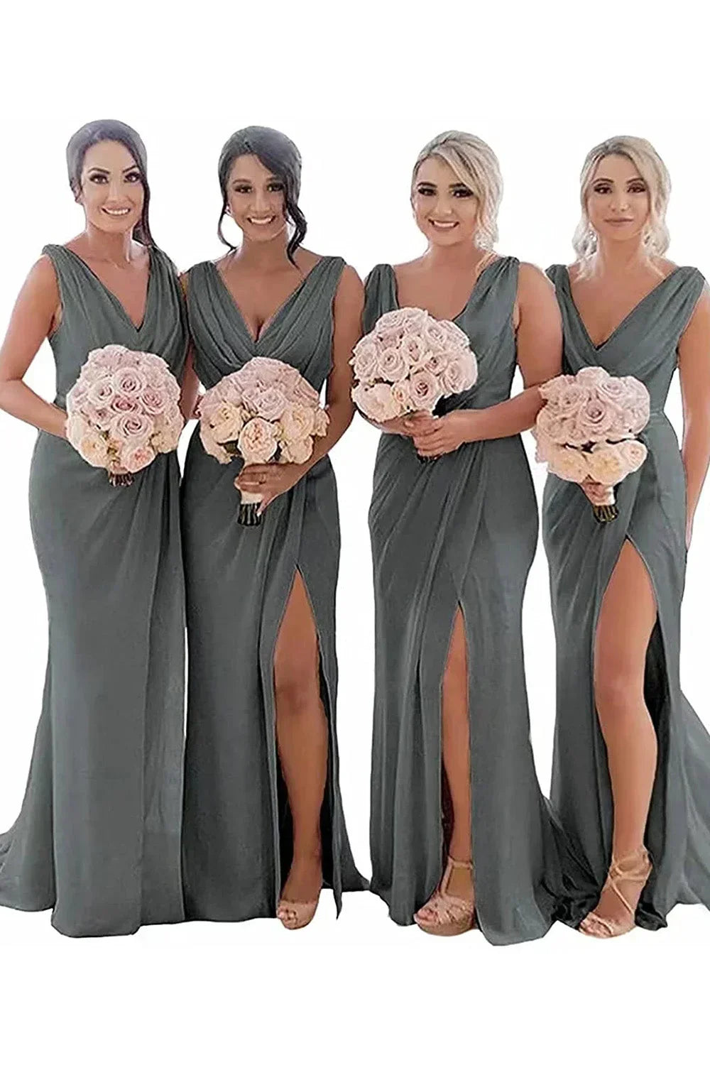 Ivory Sheath Chiffon Ruched Long Bridesmaid Dress with Slit