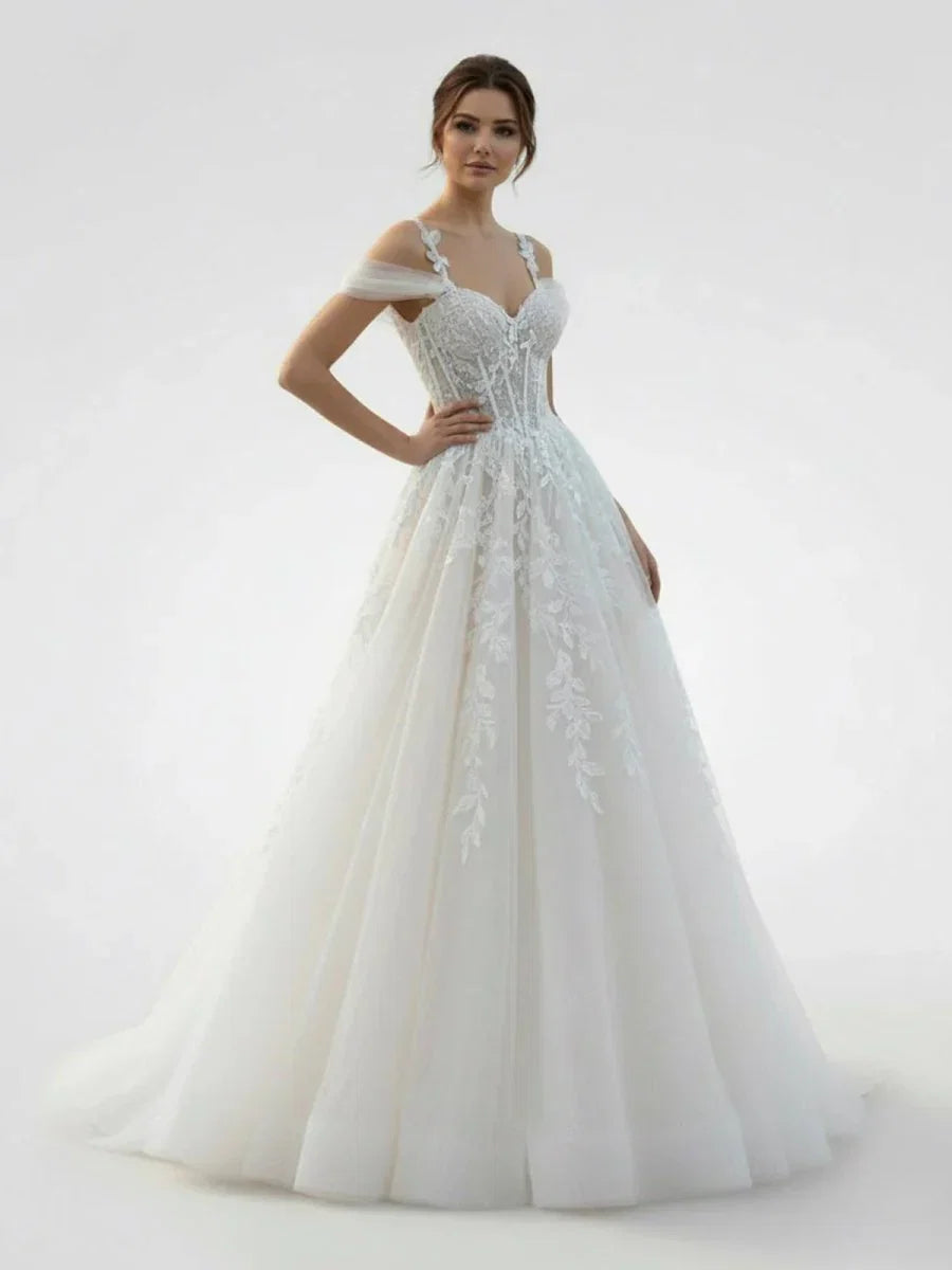 A Line Off The Shoulder Tulle Wedding Dresses With Appliques Lace