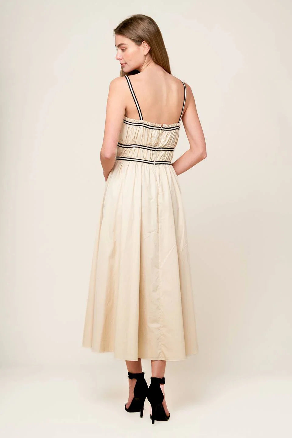 TERRIFIC TIMING BLACK TRIM IVORY MIDI DRESS