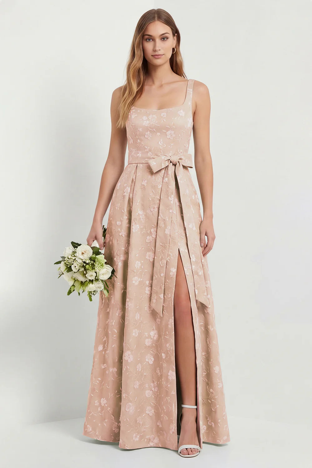 Sage A Line Square Neck Floral Jacquard Bridesmaid Dress with Slit