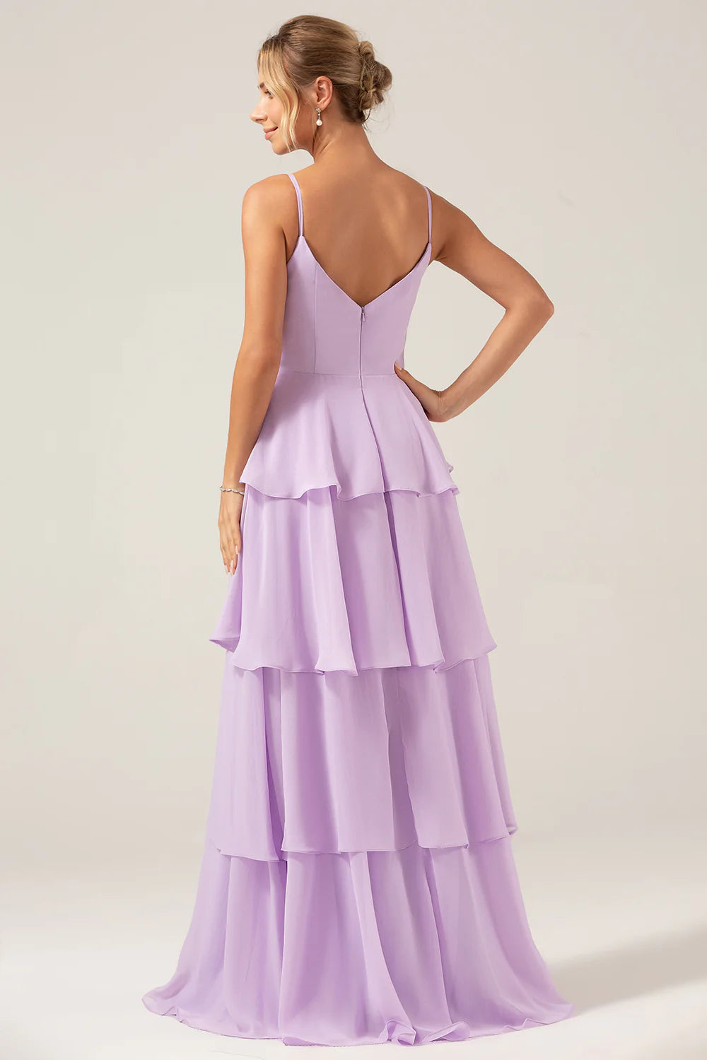 A Line Spaghetti Straps Tiered Floor Length Lilac Bridesmaid Dress With Slit