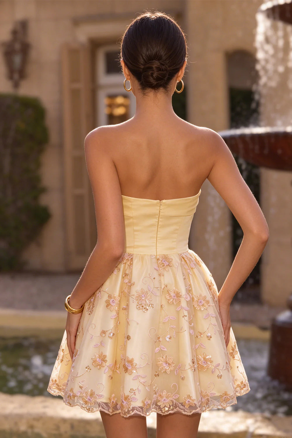 Light Yellow Strapless Floral A Line Short Homecoming Dress